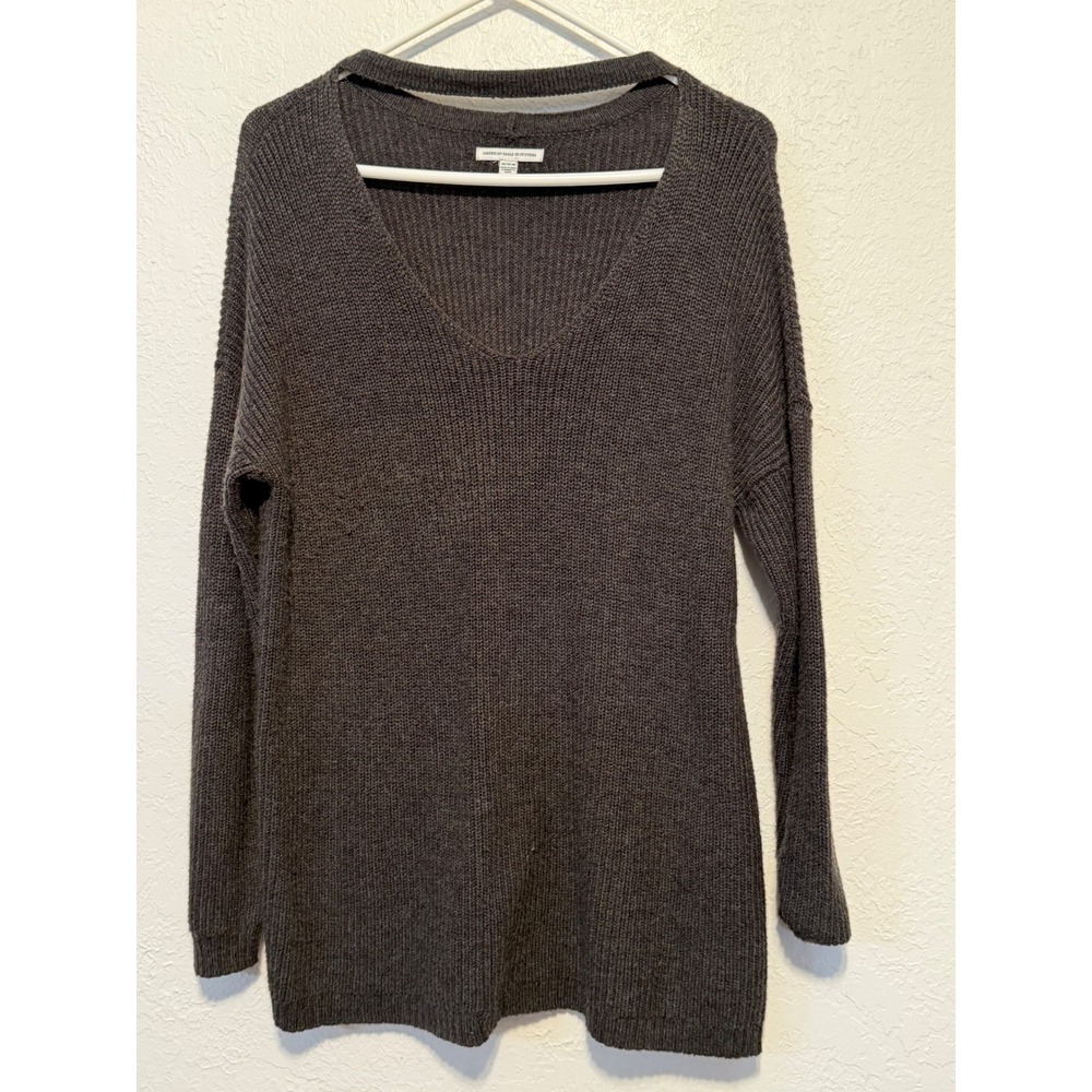 American Eagle Outfitters Gray Choker V-Neck Knit Sweater 53G54WWP Medium